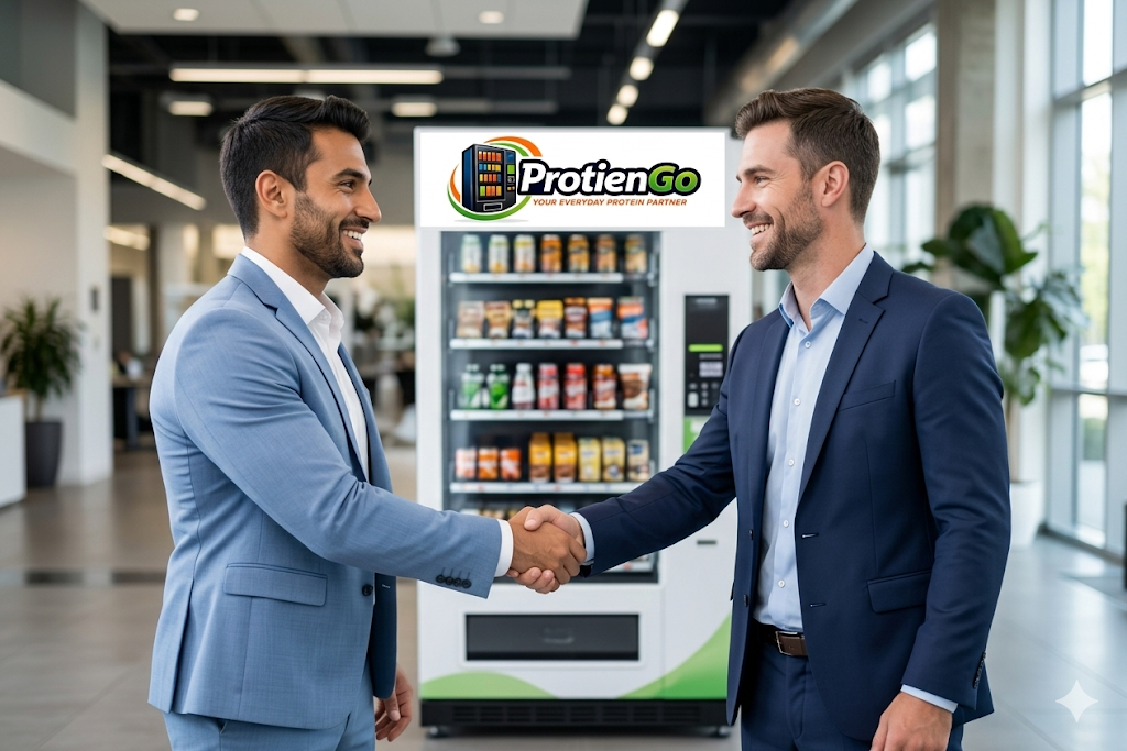 Gym owner signing deal with vending machine background